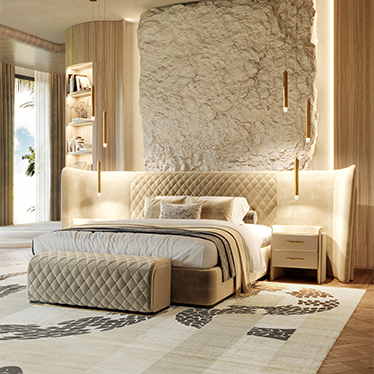 Charla XL Bed, Charla Nightstand, Charla Ottoman,Waterfall Small Pendant Light, Imperial Snake Rug, 